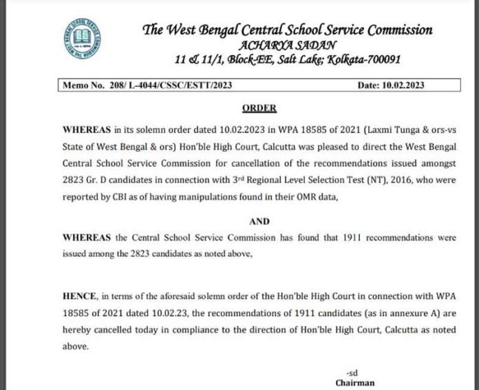 WBCSSC Notice for cancelation 2023 (Group-D) | List on High Court order